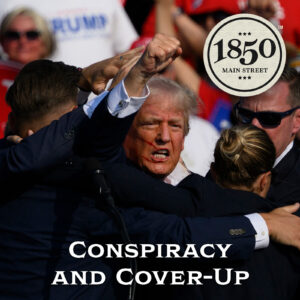Conspiracy and Cover-Up Podcast header graphic - image of Donald Trump